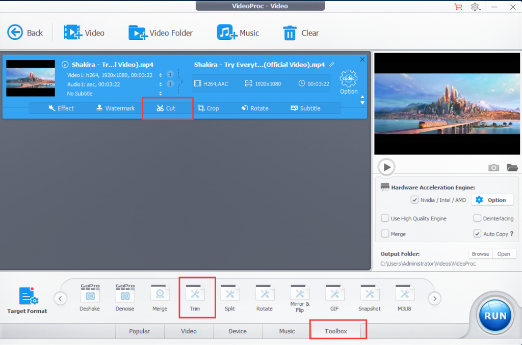 VideoProc video processing, resize 4K videos, cut video into small
