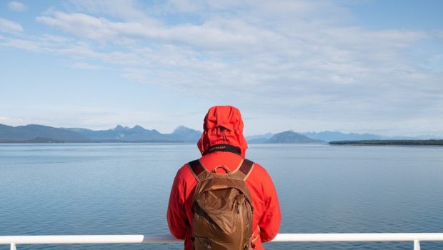 Alaska, Orange Jacket, Man, Cruise Ship, Mountains