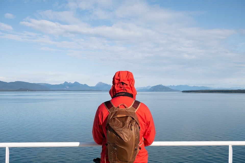 Alaska, Orange Jacket, Man, Cruise Ship, Mountains
