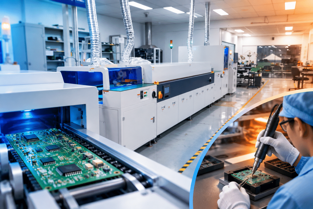 SMT reflow line illustrating repeatable board processing and localized hot air component work.